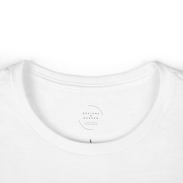 Close-up of a white t-shirt with Designs X Darren logo on the collar against a white background