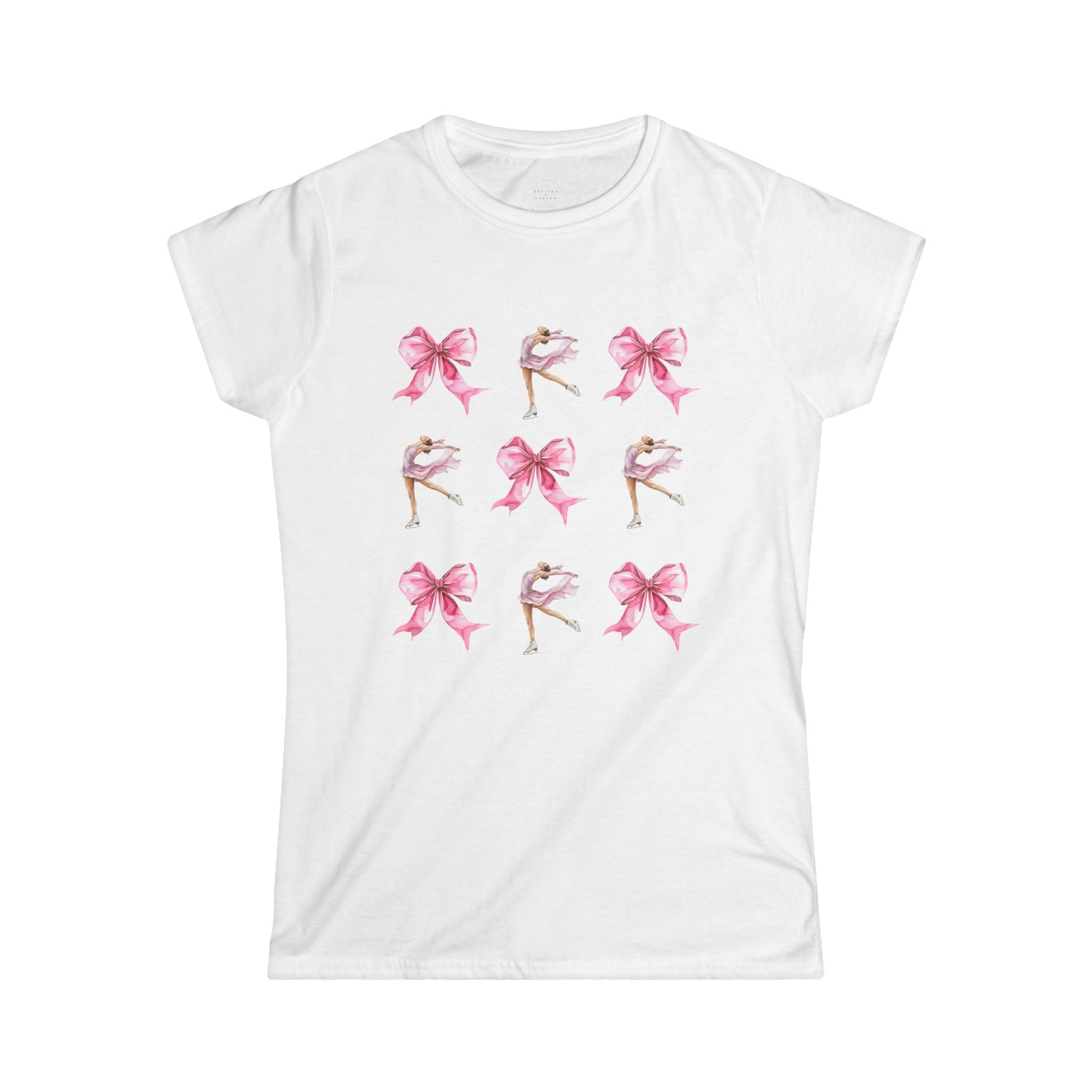 White t-shirt with watercolor pink bows and figure skater illustration for coquette aesthetic.