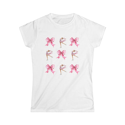 White t-shirt with watercolor pink bows and figure skater illustration for coquette aesthetic.