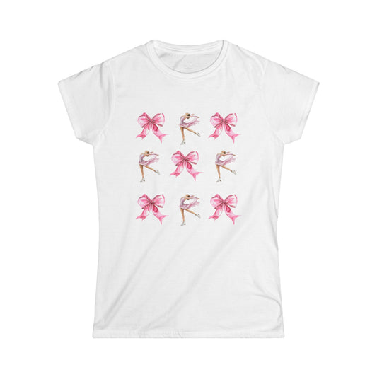 White t-shirt with watercolor pink bows and figure skater illustration for coquette aesthetic.