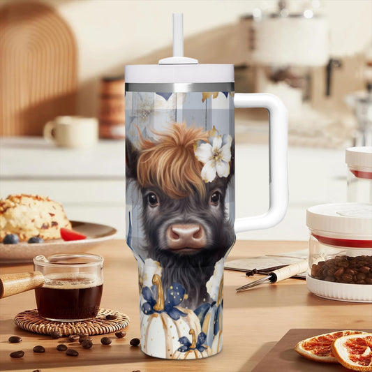 Highland Cow on Blue Flannel - 40oz Stainless Steel Tumbler