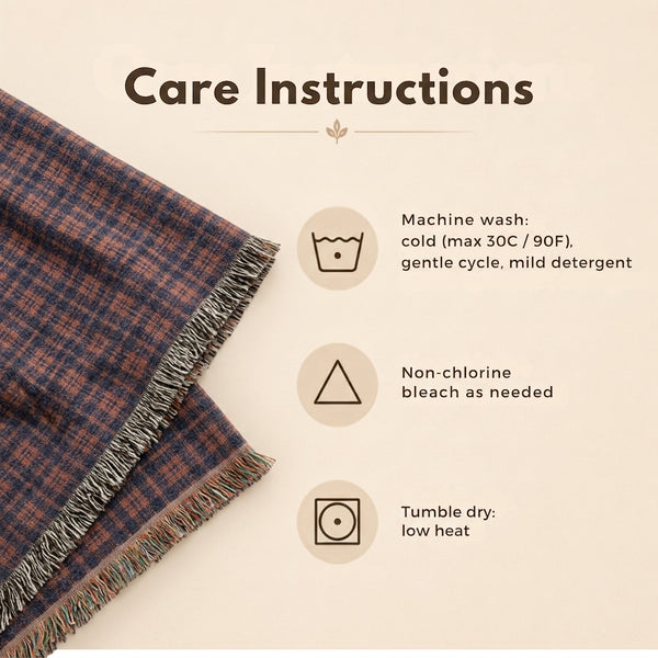 Navy and Rust Plaid Woven Cotton Throw Blanket