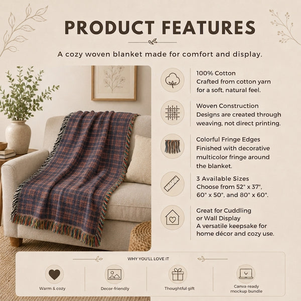 Navy and Rust Plaid Woven Cotton Throw Blanket