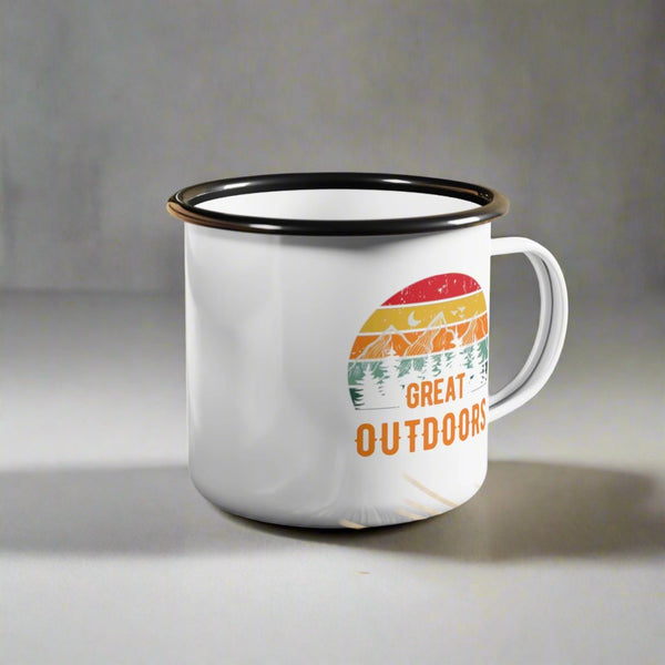 white enamel mug with Great Outdoors