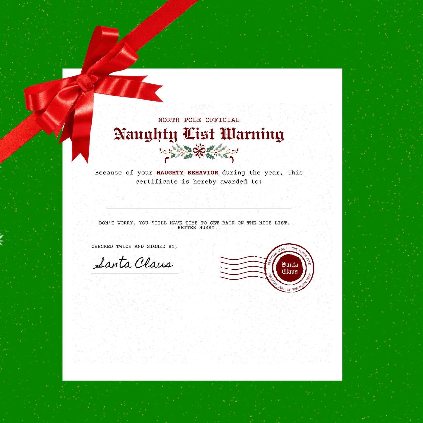 Christmas Naughty & Nice List Certificate Downloadable Instant Access Nice List Santa Clause Signed