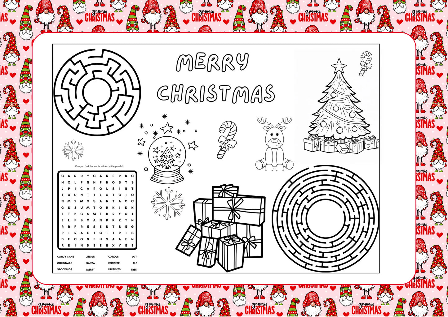 Christmas Activity Placemat for Kids 4-8 Drawing Mazes Christmas Word Search, INSTANT DOWNLOAD