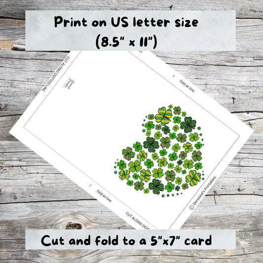 St. Patricks Day Card, Heart of Clovers, 5x7 Printable Card