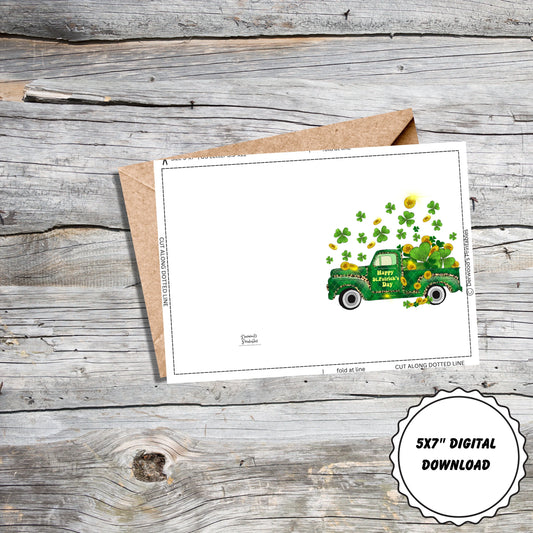 Happy St. Patrick's Day Blank Card, Truck Full of Shamrocks and Gold, 5x7 Printable Card, Digital Download, 5x7 Blank Inside