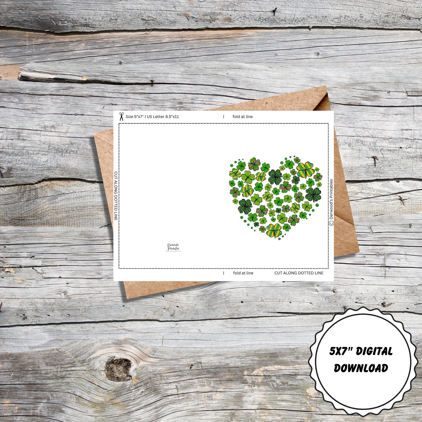 St. Patricks Day Card, Heart of Clovers, 5x7 Printable Card