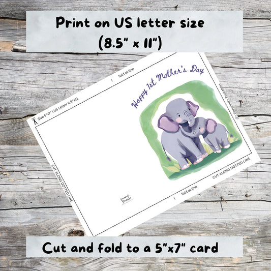 Printable 1st Mothers Day Card 5x7 Elephants Digital Download Blank Inside