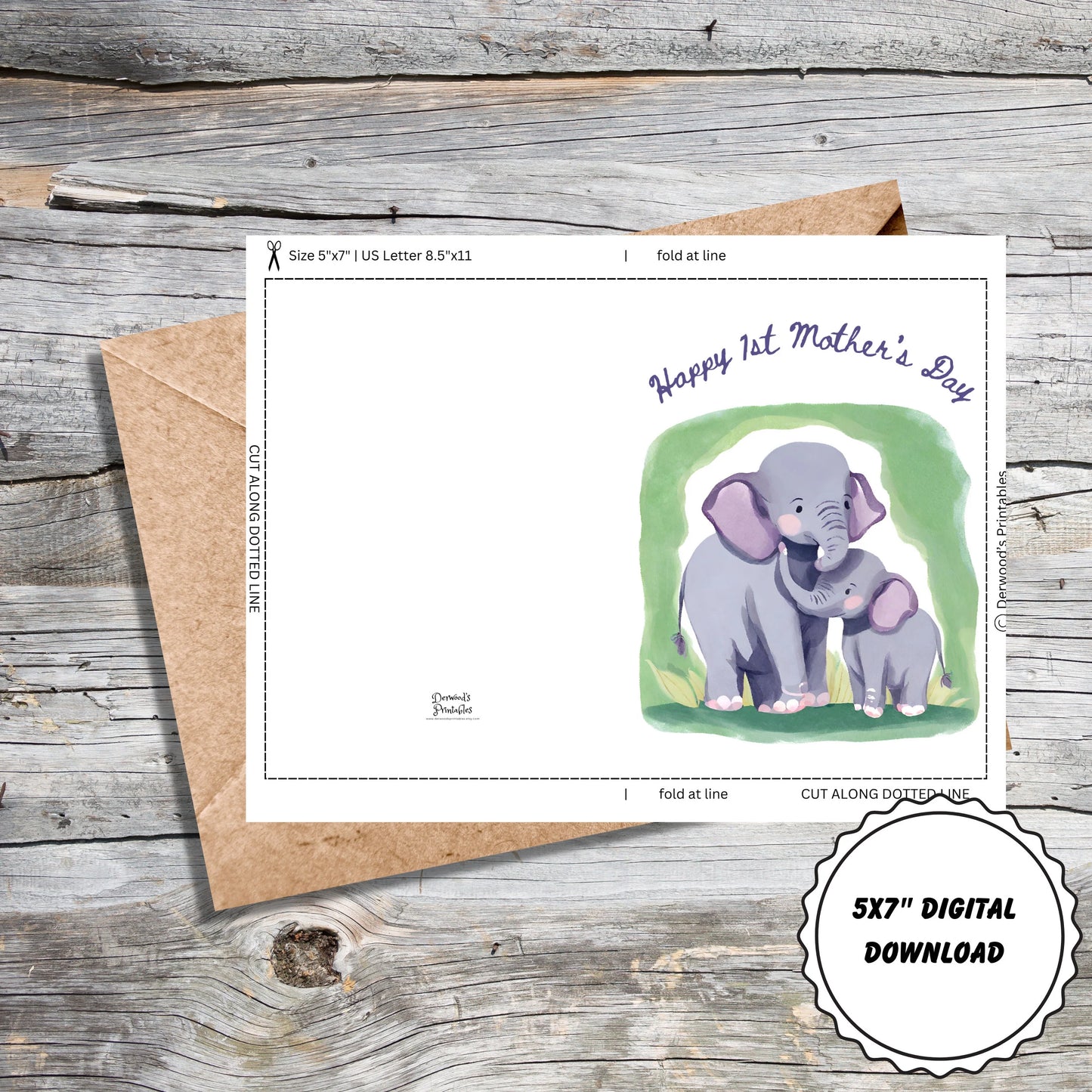 Printable 1st Mothers Day Card 5x7 Elephants Digital Download Blank Inside