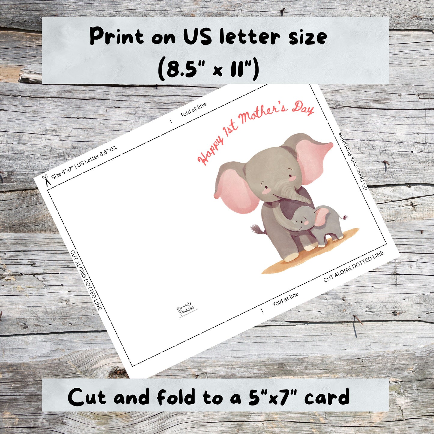 1st Mothers Day 5x7 Card featuring Elephants - Blank Inside - Digital Download