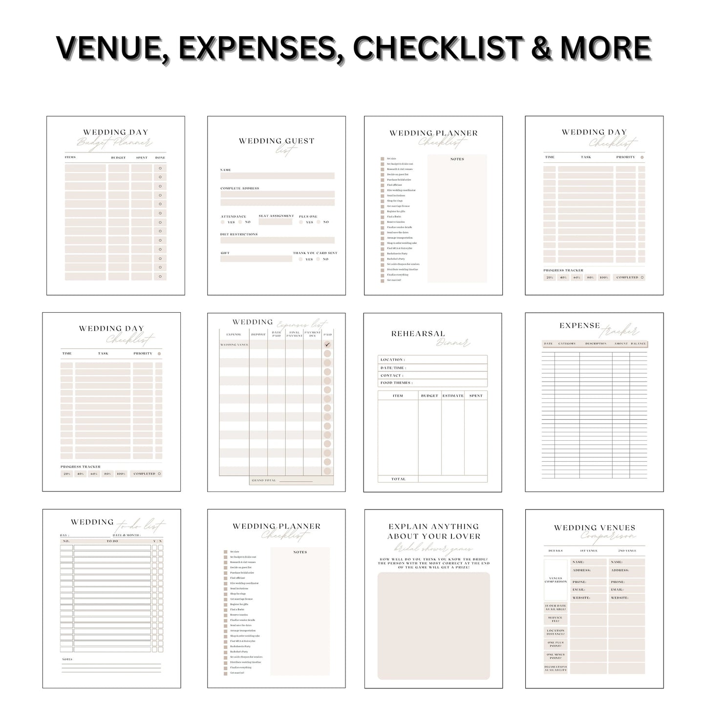 Wedding Planner, Checklist, Digital Bride Organizer, Minimalist Planner, Engagement Gift