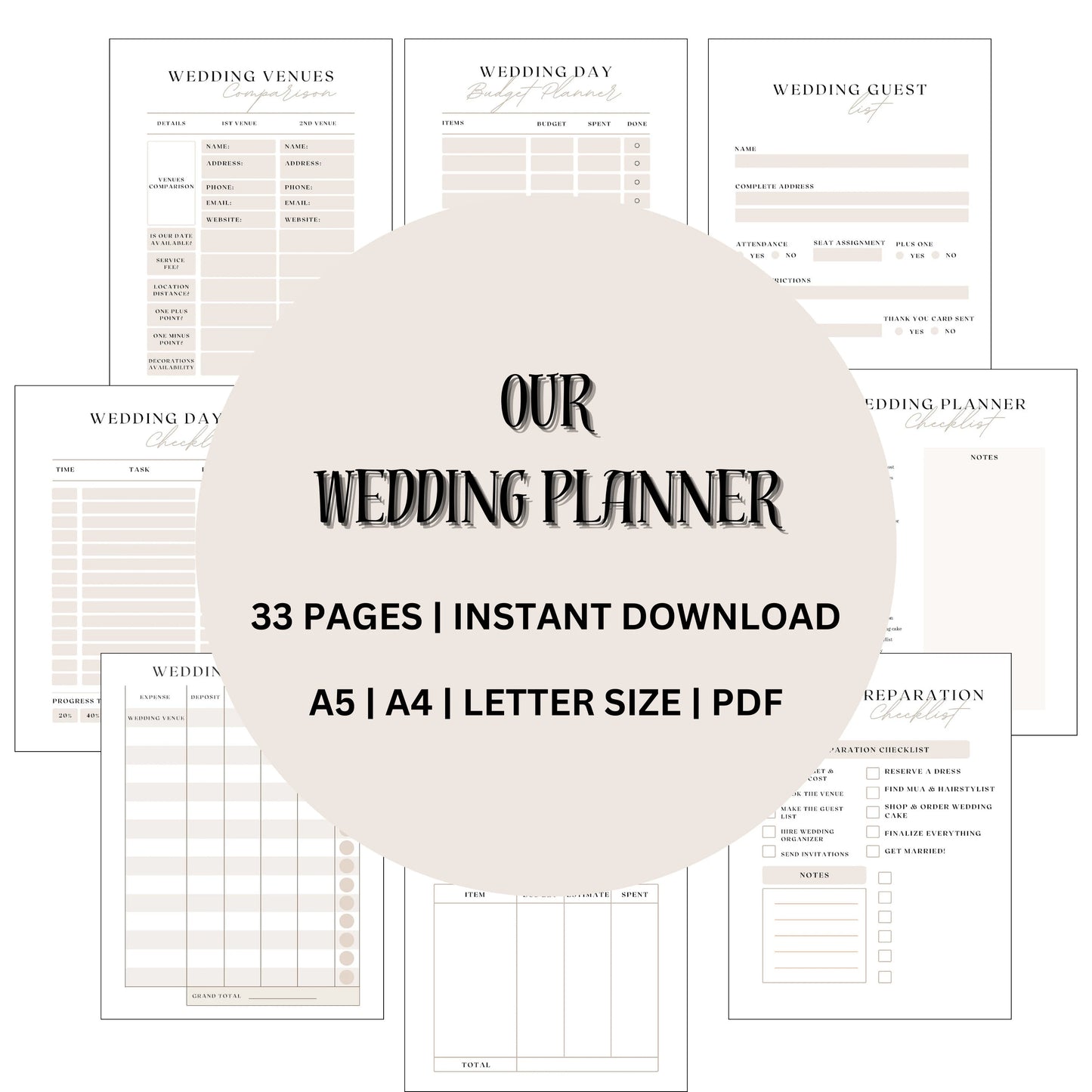 Wedding Planner, Checklist, Digital Bride Organizer, Minimalist Planner, Engagement Gift