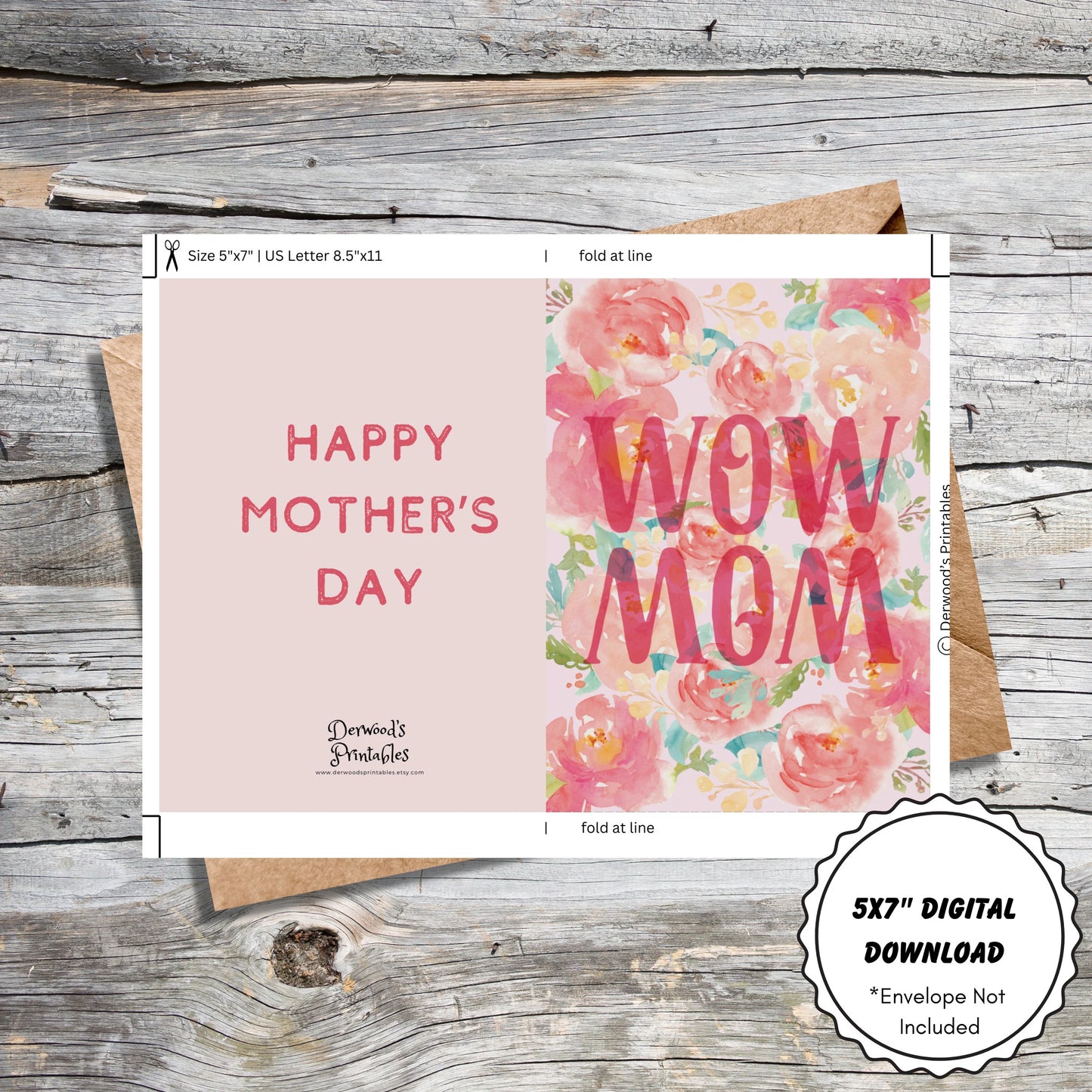 Printable Mother's Day Card, 5x7 Blank Inside, Digital Download, WOW Mom Design