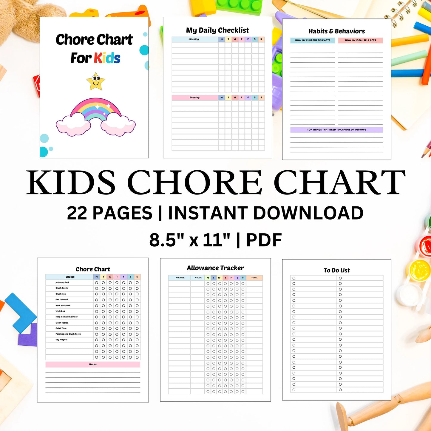 Kids Chore Chart - Printable Weekly Chore Chart for Kids - Easy to Use Instant Download