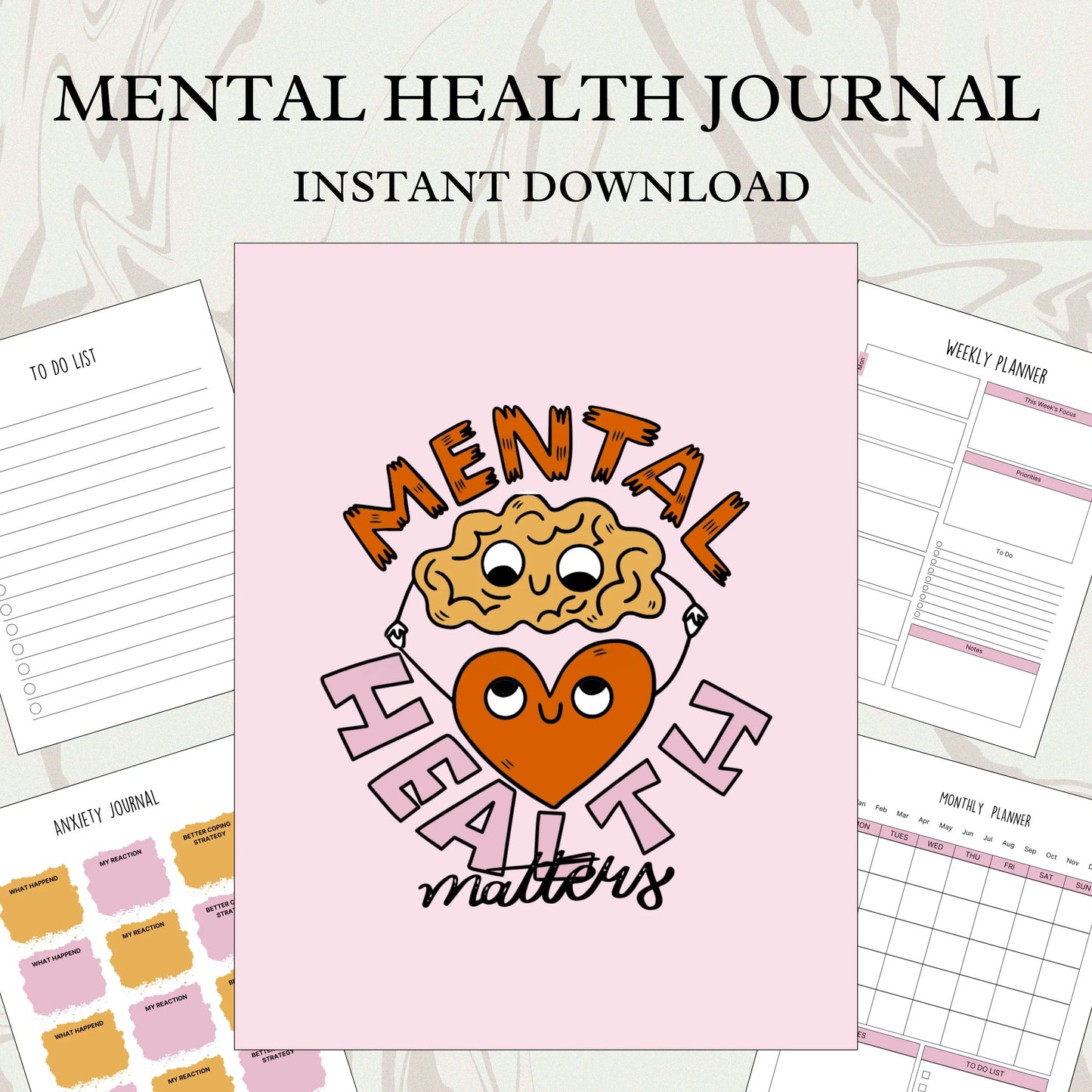 Mental Health Printable Journal | Anxiety Tracker | Self-Care Planner | Gratitude Journal | Mood Tracker | PDF Instant Download