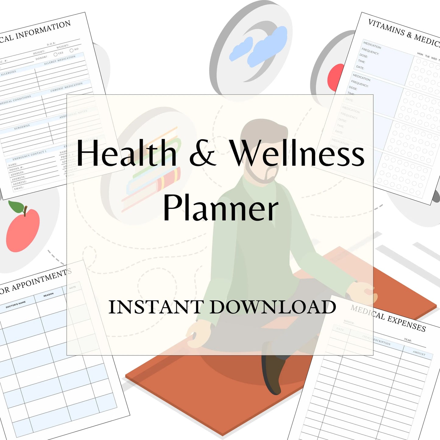 Health & Wellness Planner | Medical Organizer | Fitness Nutrition Tracker | Habit and Mood Journal | Doctor Appointment Log