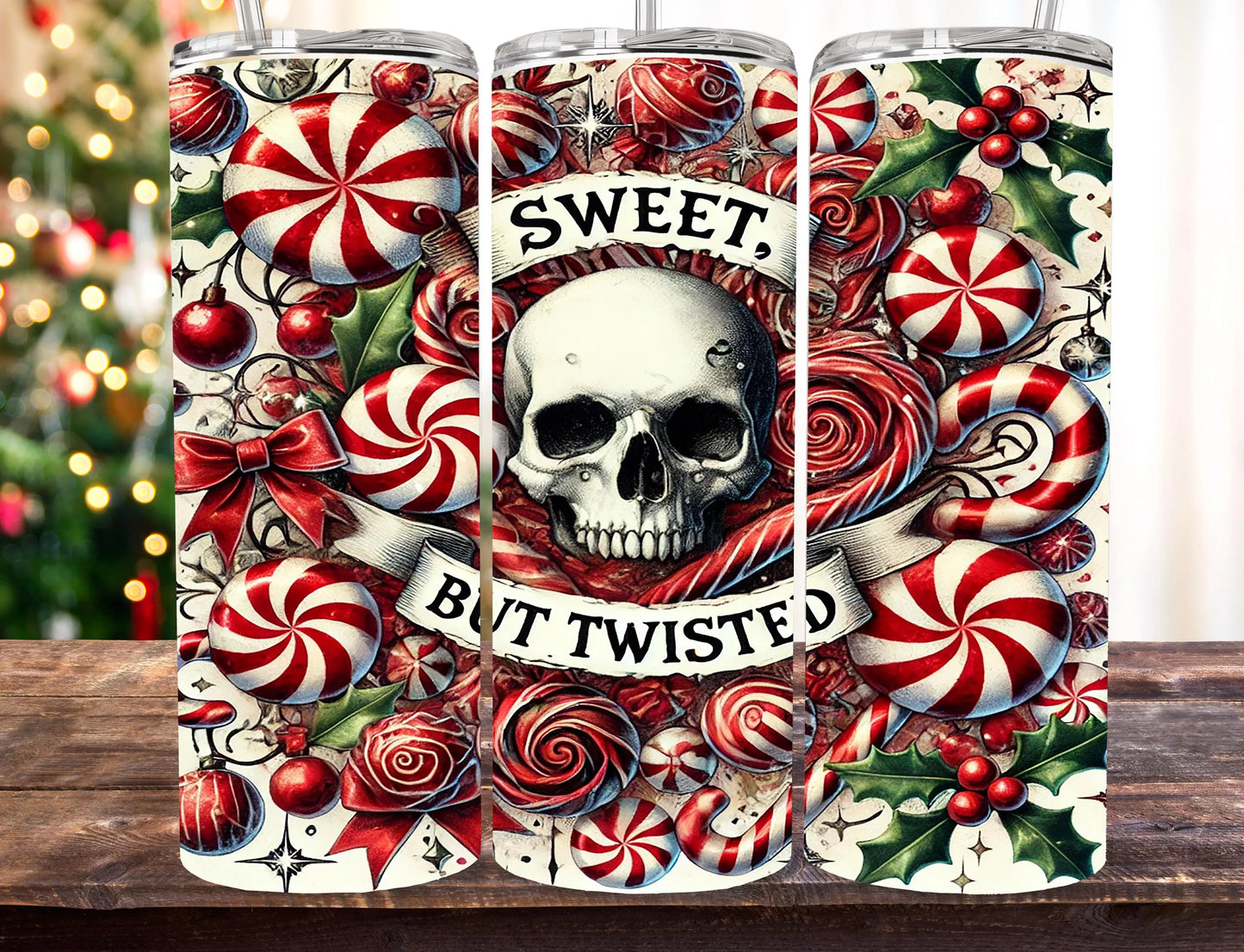 Sweet But Twisted Skull Tumbler Wrap | 20oz Skinny | Digital Download | Peppermint Candy Holiday Design