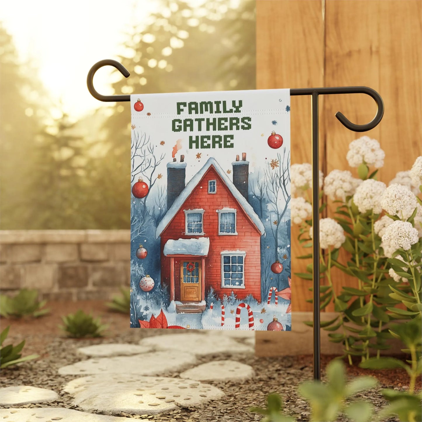 Family Gathers Here PNG Garden Flag Digital Download Christmas Lawn Banner PNG for Sublimation