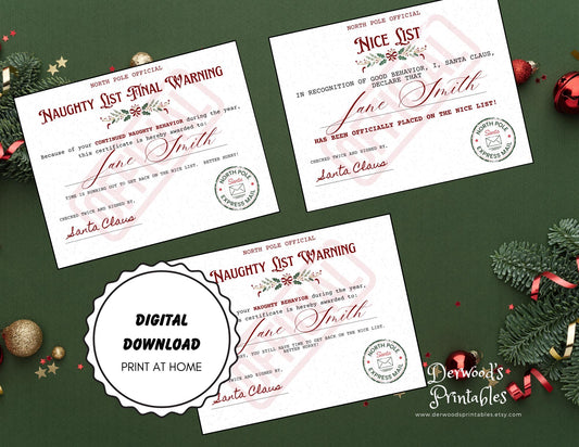 Personalized Nice & Naughty List Certificate Instant Download Nice List Certificate Printable Naughty List Certificate Editable File