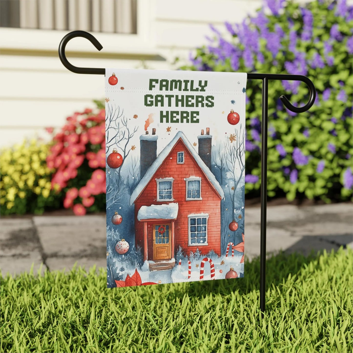 Family Gathers Here PNG Garden Flag Digital Download Christmas Lawn Banner PNG for Sublimation