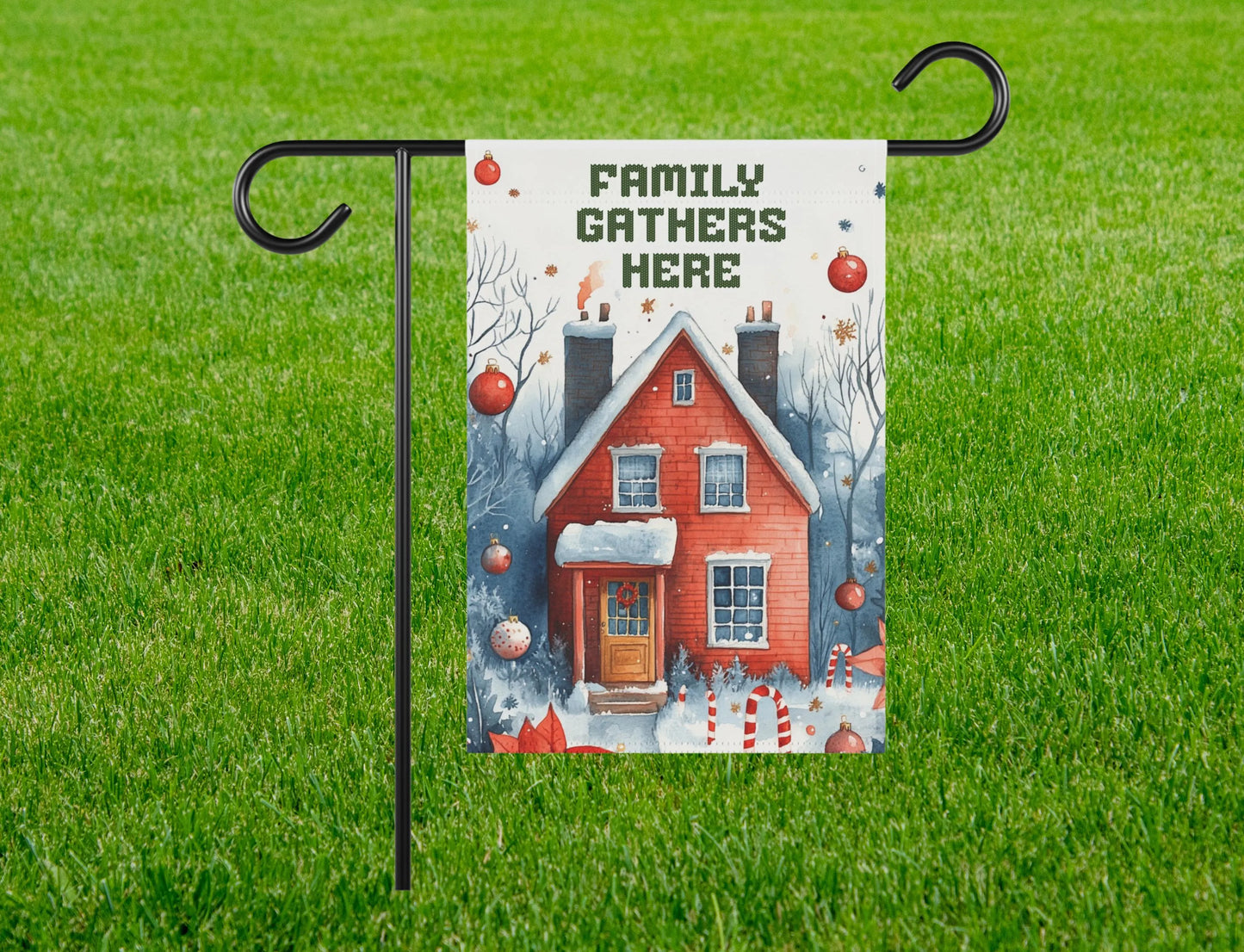 Family Gathers Here PNG Garden Flag Digital Download Christmas Lawn Banner PNG for Sublimation