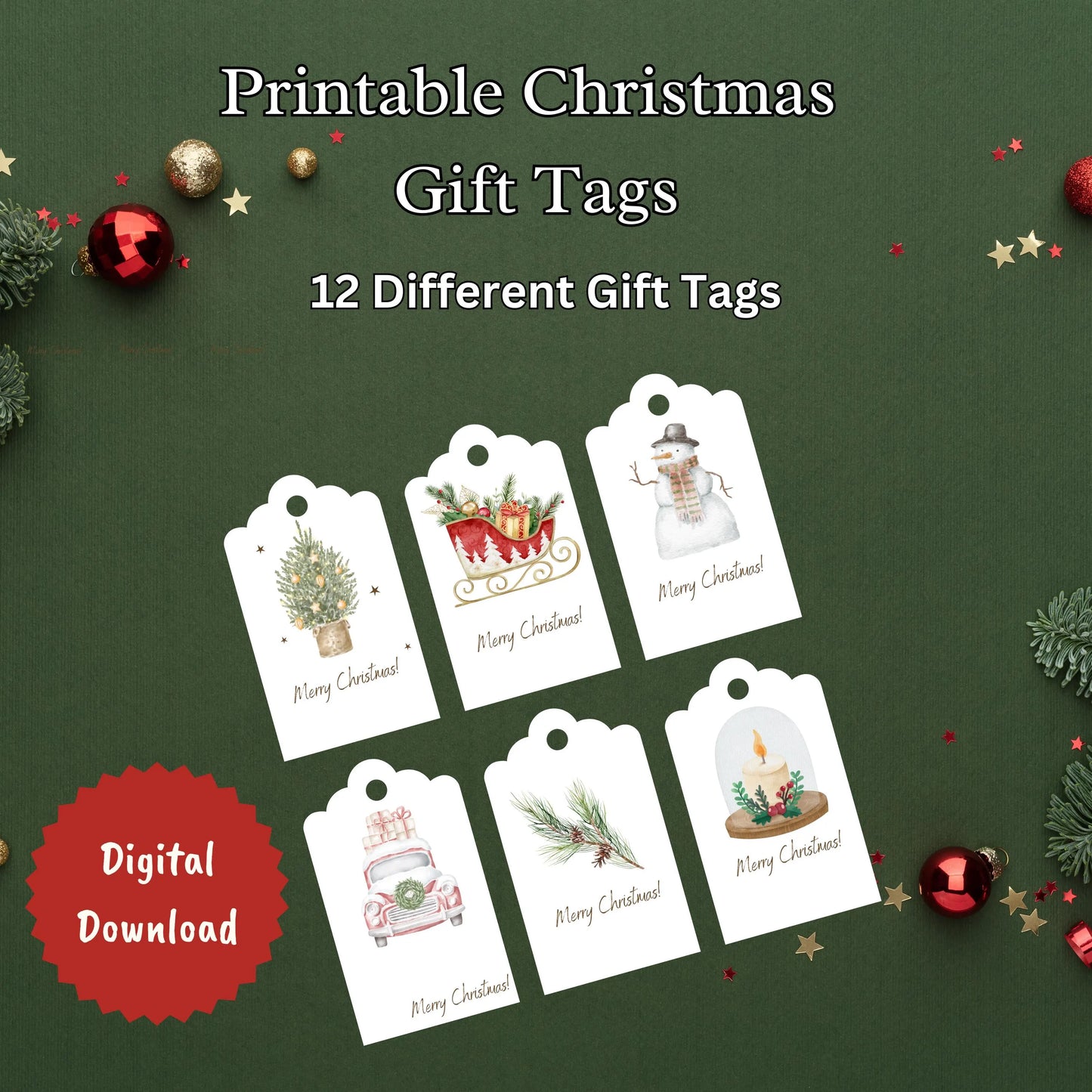 Printable Christmas Gift Tags | Digital Download Holiday Tags | DIY Festive Wrapping Accents | Merry Christmas Tags