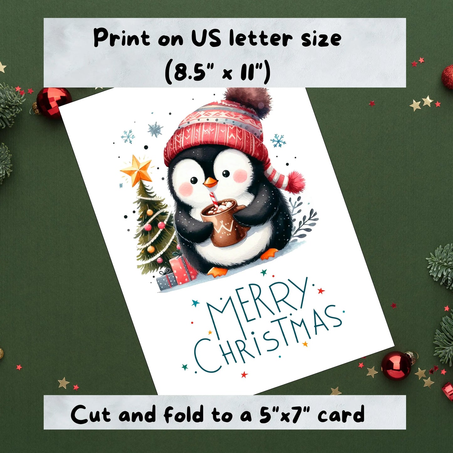 Printable Penguin Christmas Card Bundle | 5x7 Instant Download Holiday Greeting Cards