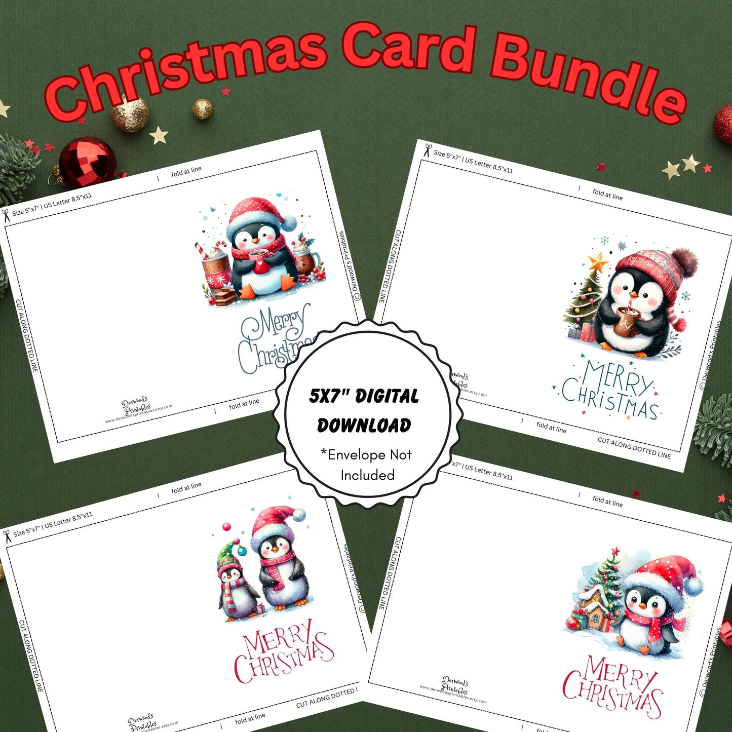 Printable Penguin Christmas Card Bundle | 5x7 Instant Download Holiday Greeting Cards