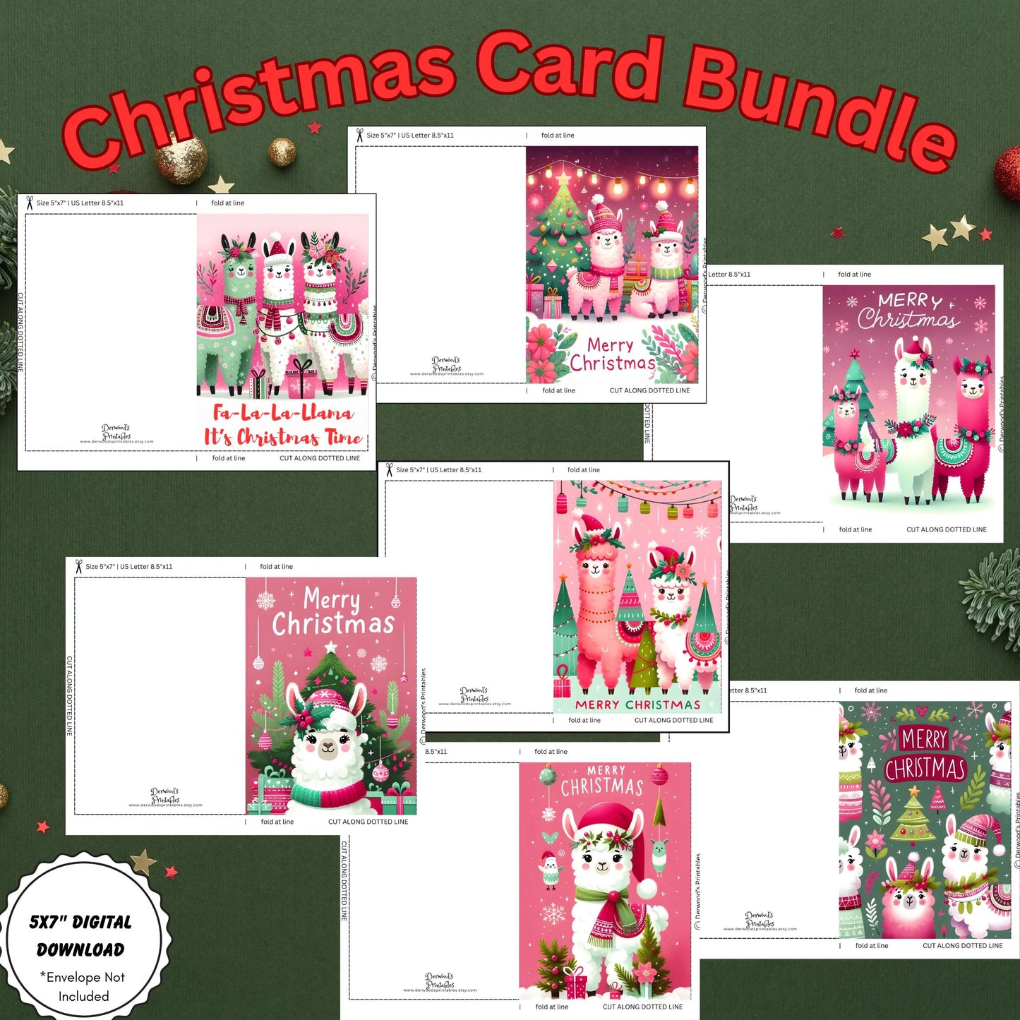 Printable Christmas Card Set | Festive Alpaca Holiday Cards (5x7) | Instant Download for DIY Greetings