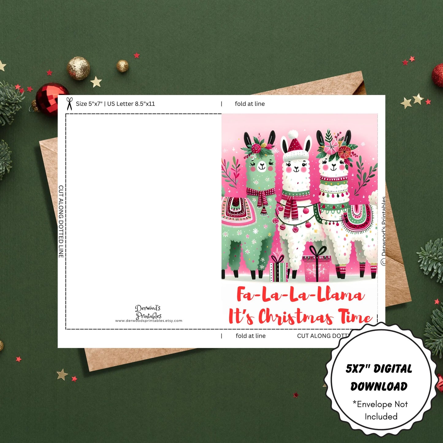 Printable Christmas Card Set | Festive Alpaca Holiday Cards (5x7) | Instant Download for DIY Greetings