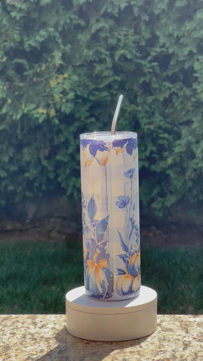 Highland Cow on Blue Flannel 20oz Skinny Tumbler