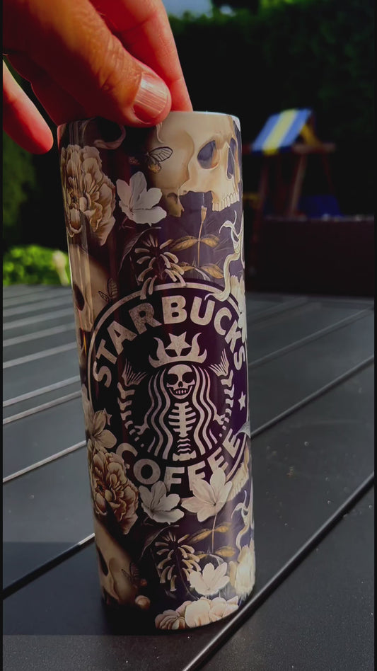 20oz Gothic Floral Skull Skinny Tumbler - Dark Coffee Aesthetic