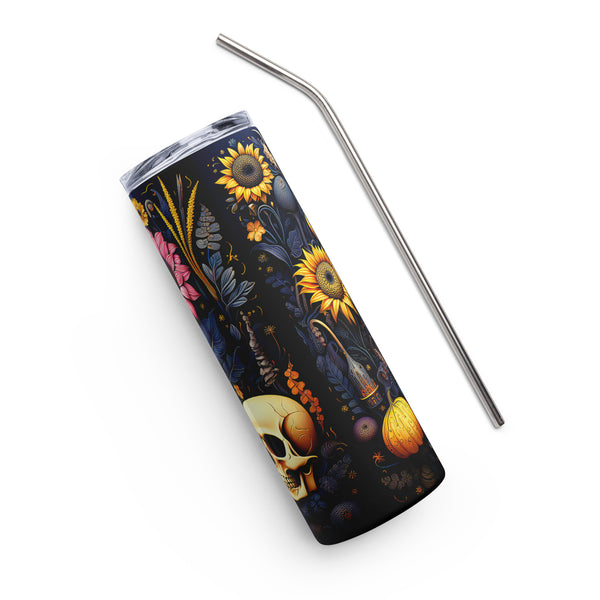 Pumpkin Sunflowers Skulls 20oz Skinny Tumbler, Skull Stainless Steel Tumbler