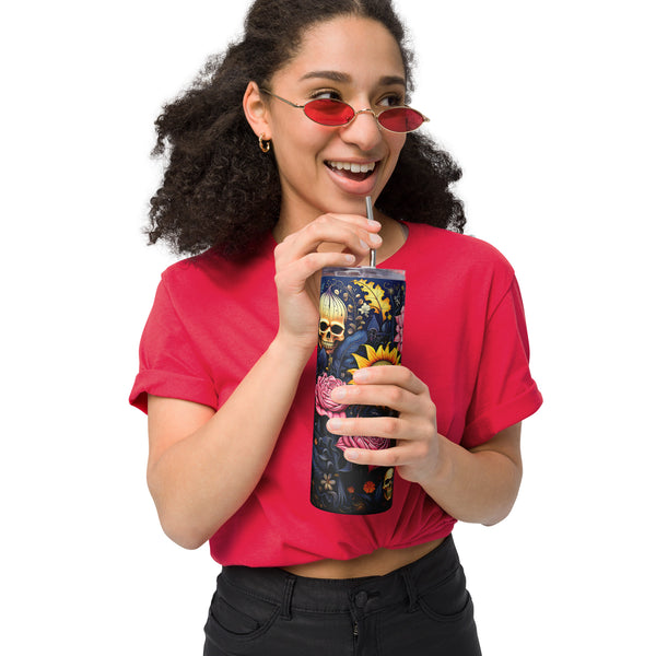 Pumpkin Sunflowers Skulls 20oz Skinny Tumbler, Skull Stainless Steel Tumbler