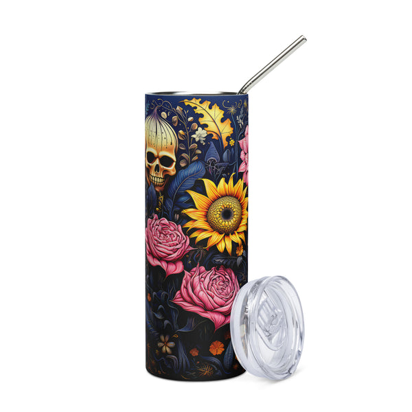 Pumpkin Sunflowers Skulls 20oz Skinny Tumbler, Skull Stainless Steel Tumbler