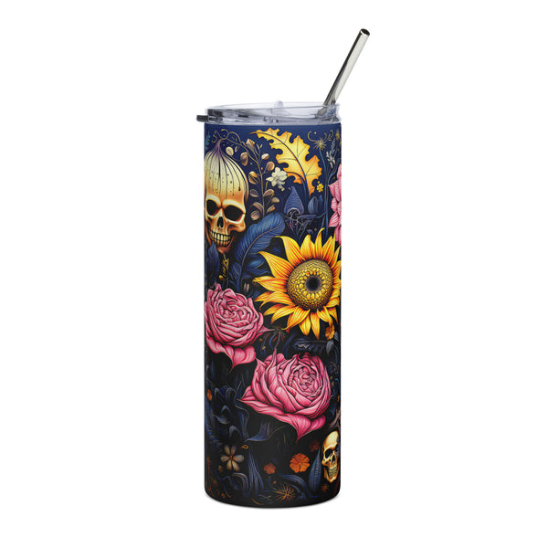 Pumpkin Sunflowers Skulls 20oz Skinny Tumbler, Skull Stainless Steel Tumbler