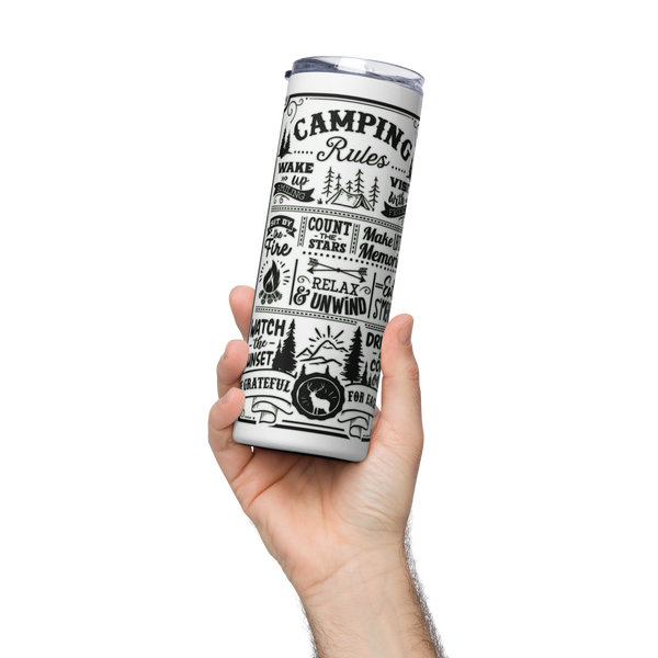 Tumbler with 'Camping Rules' design held by a hand on a white background