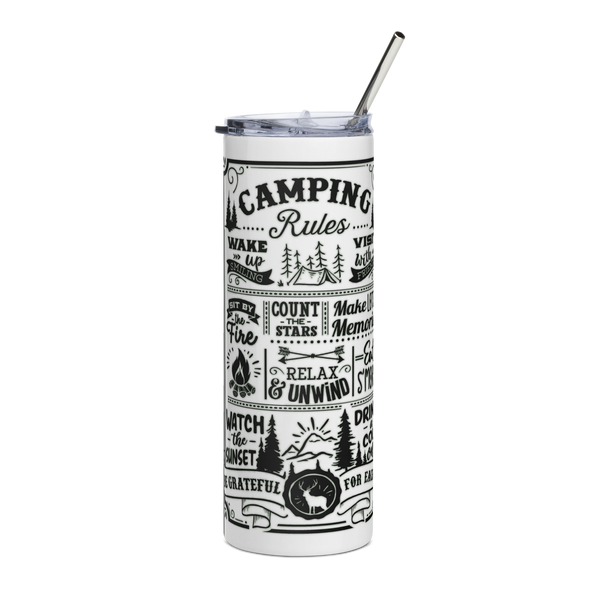 Tumbler with 'Camping Rules' design on a white background