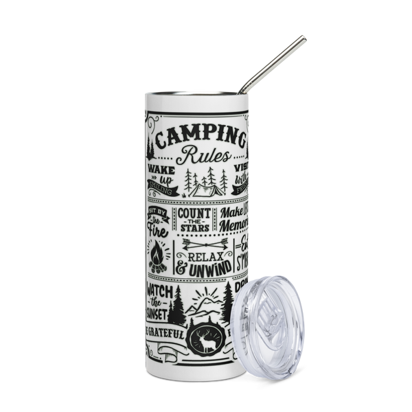 Tumbler with 'Camping Rules' design on a white background