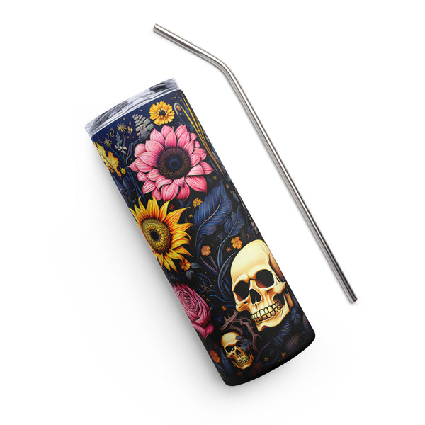 Pumpkin Sunflowers Skulls 20oz Skinny Tumbler, Skull Stainless Steel Tumbler