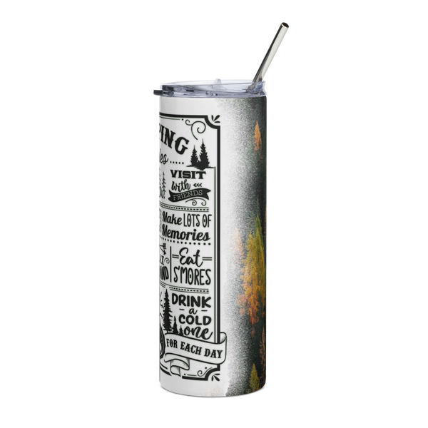 Tumbler with camping-themed text and a metal straw on a white background