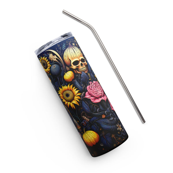 Pumpkin Sunflowers Skulls 20oz Skinny Tumbler, Skull Stainless Steel Tumbler