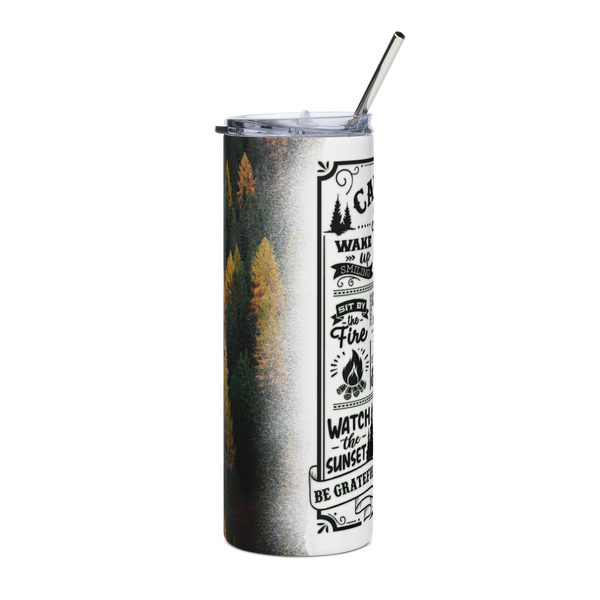 Tumbler with nature-themed design and text on a white background