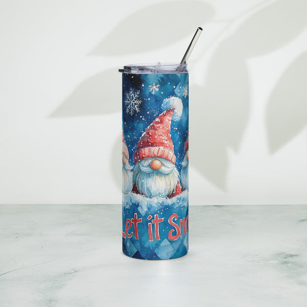 Let It Snow Gnome 20oz Skinny Tumbler, Holiday Stainless Steel Tumbler with Lid and Straw
