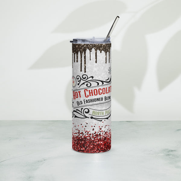 Christmas Hot Chocolate 20oz Skinny Tumbler with Lid & Straw | Festive Winter Drinkware | Holiday Glitter Cup