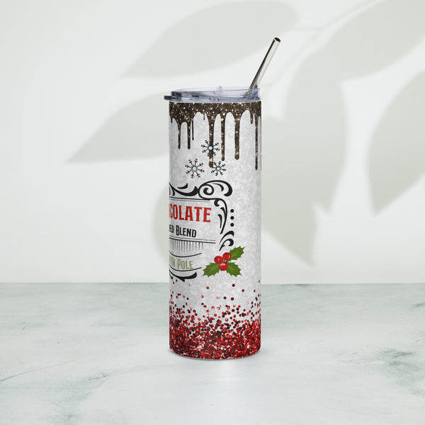 Christmas Hot Chocolate 20oz Skinny Tumbler with Lid & Straw | Festive Winter Drinkware | Holiday Glitter Cup